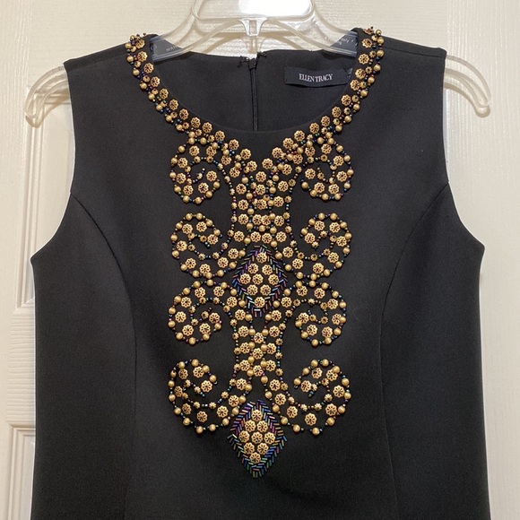 Ellen Tracy black dress with front gold embellishment - Picture 2 of 8